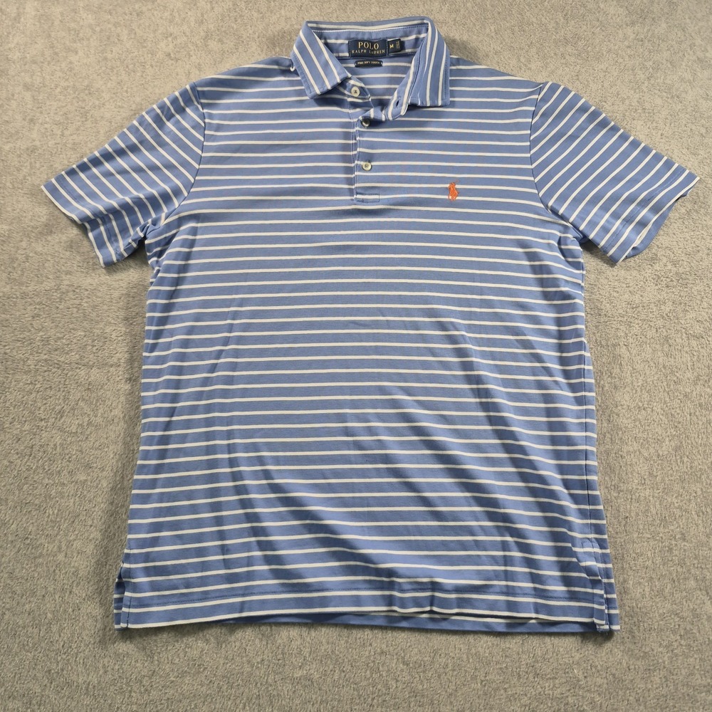 Ralph Lauren Polo Shirt Size Medium Mens Blue Stripe Pima Soft Touch - Picture 2 of 6